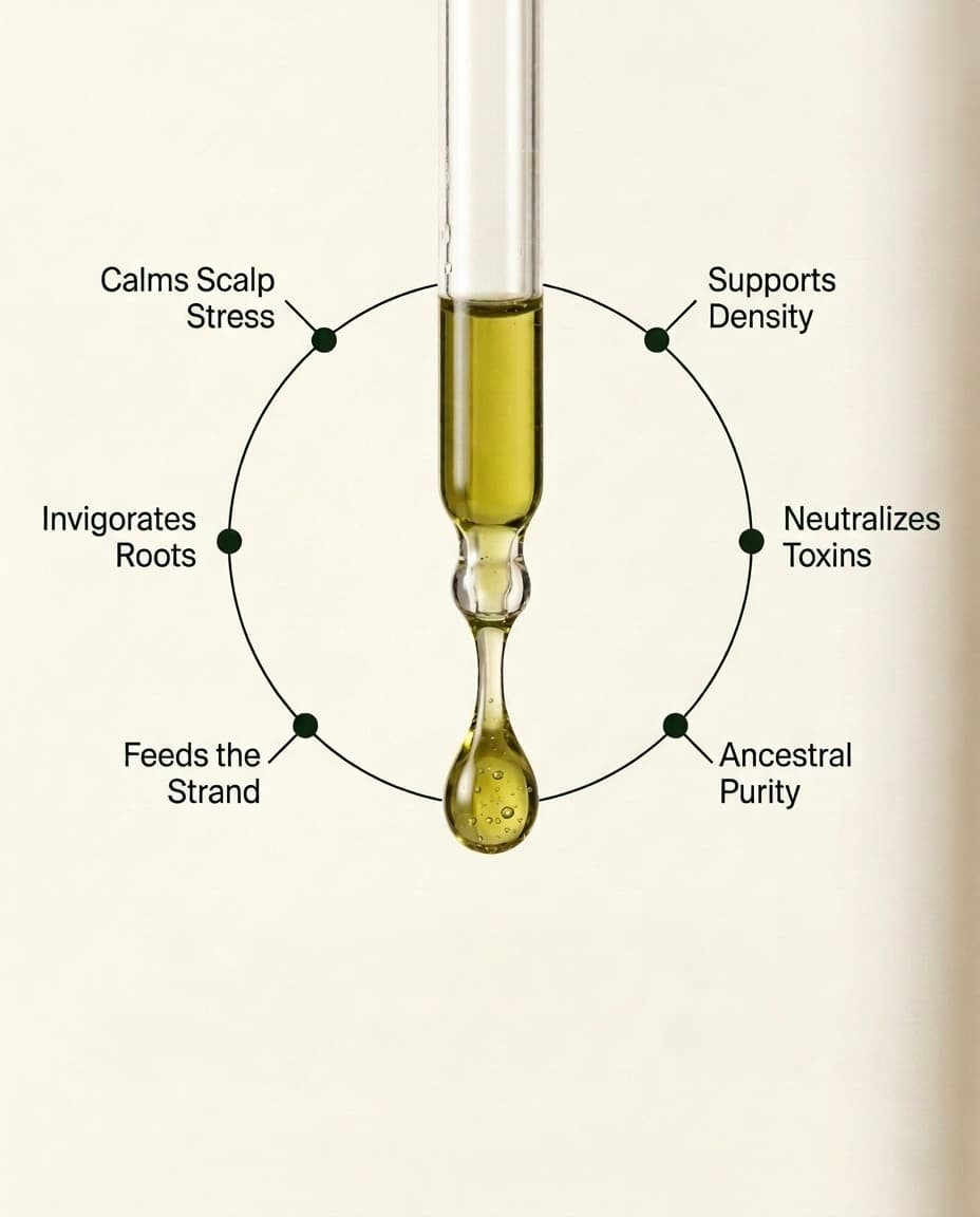 Three-pathway dropper diagram: calms scalp stress, supports density, invigorates roots, neutralizes toxins, feeds the strand, ancestral purity